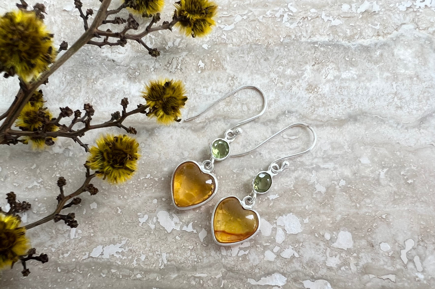 Amber Peridot Crystal Sterling Silver Earrings