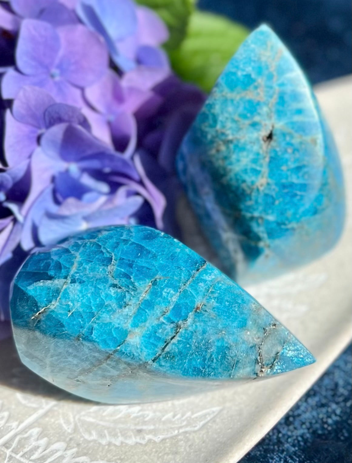 Blue Apatite Natural Crystal Flame Carving