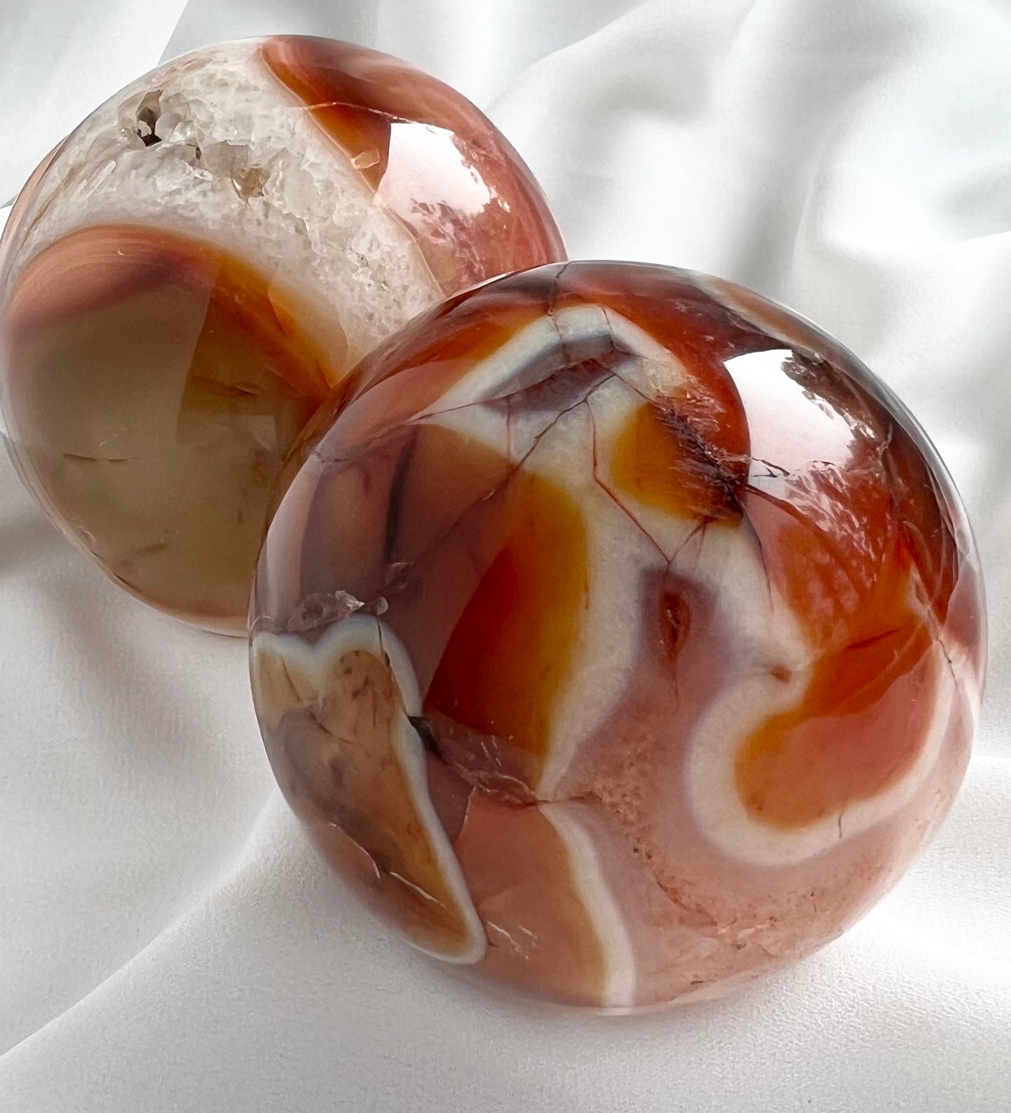 Natural Carnelian Sphere Carving with Quartz Inclusions