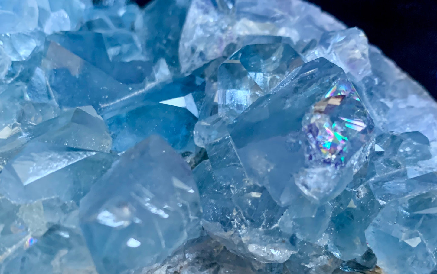 Blue Celestite Cluster Geode with Rainbow