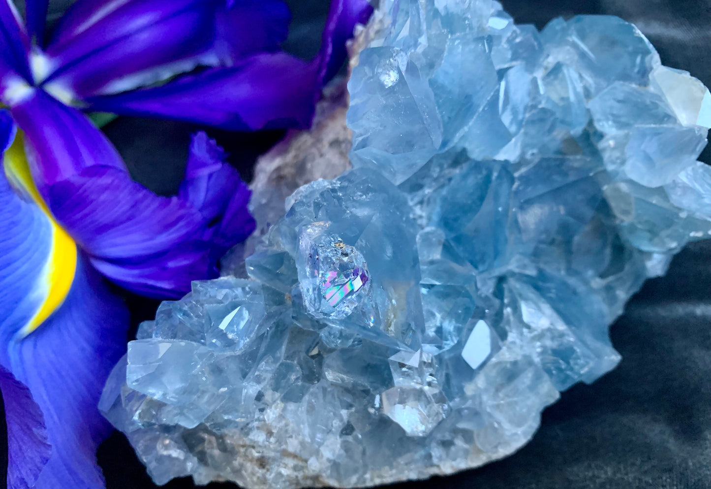 Natural Celestite Cluster Geode with Rainbow